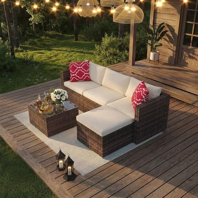 Litake 5 Piece Patio Furniture Sets, Modular Sectional Sofa Set, All-Weather PE Rattan Wicker with Cushions, Conversation Furniture for Backyard, Poolside & Garden