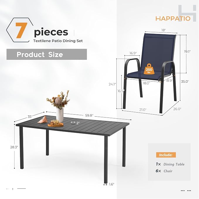 HAPPATIO Outdoor Patio Dining Set, 6 Quick Dry Textilene Dining Chairs and Dining Table with Umbrella Hole, Stackable Textilene Chairs for Garden, Patio and Poolside Backyard,Navy