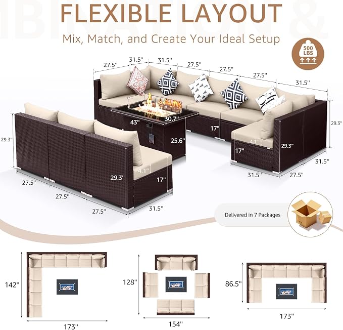 NICESOUL 11 Piece Outdoor Furniture Set with Natural Gas/Propane Firepit, Luxury 10-Seater Patio Sectional, 29.3'' High-Back Backyard Seating, All-Weather Rattan Couch Set for Deck, Brown & Beige