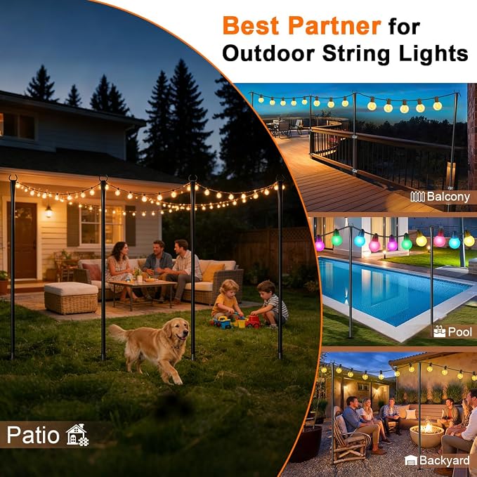 10 Pack String Light Poles for Outside, Upgraded Heavy-Duty Metal Poles for Outdoor String Lights with Fork, Adjustable Lighting Hanging Accessories for Patio Decor Pergola Backyard Garden Decorations