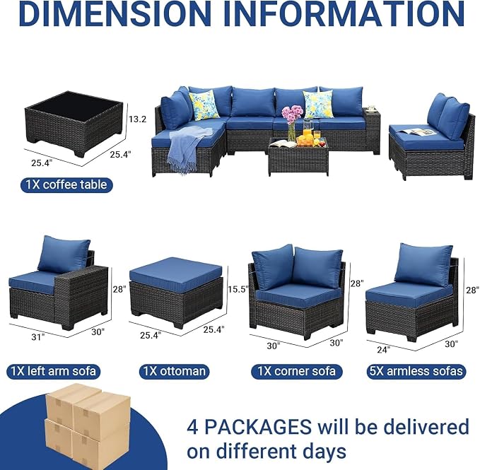 9-Piece Patio Furniture Set with All-Weather Wicker Sectional Sofa, Rattan Outdoor Conversation Seating with Cushions, Tempered Glass Coffee Table and Ottoman for Porch and Garden Relaxation(Blue2)
