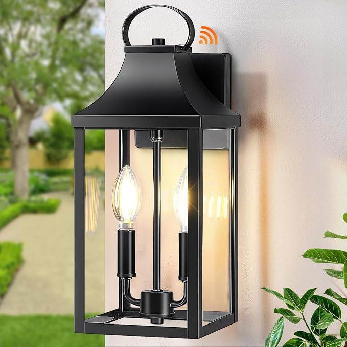 15" Dusk to Dawn Black Outdoor Wall Lantern 2-Light, Black | Outside Modern Wall Sconce Light Fixture, Industrial Porch Light with E12 Sockets, Waterproof Exterior Lamp Lighting