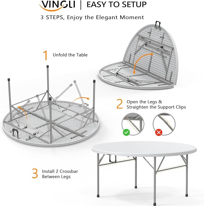 VINGLI White 5 FT Round Bi-Folding Commercial Table, 60 inch Portable Plastic Dining Card Table for Kitchen Party Wedding Event, 4-Pack