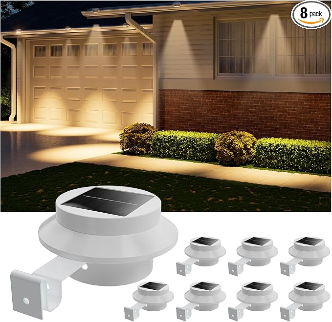 8 Pack White Solar Powered Clip On Gutter Mount Lights Outdoor Waterproof LED Fence Lamp for Lighting Rainspout, Railing, Outside House, Wall, Deck, Porch, Garage, Easy Peasy Installation(Warm White)