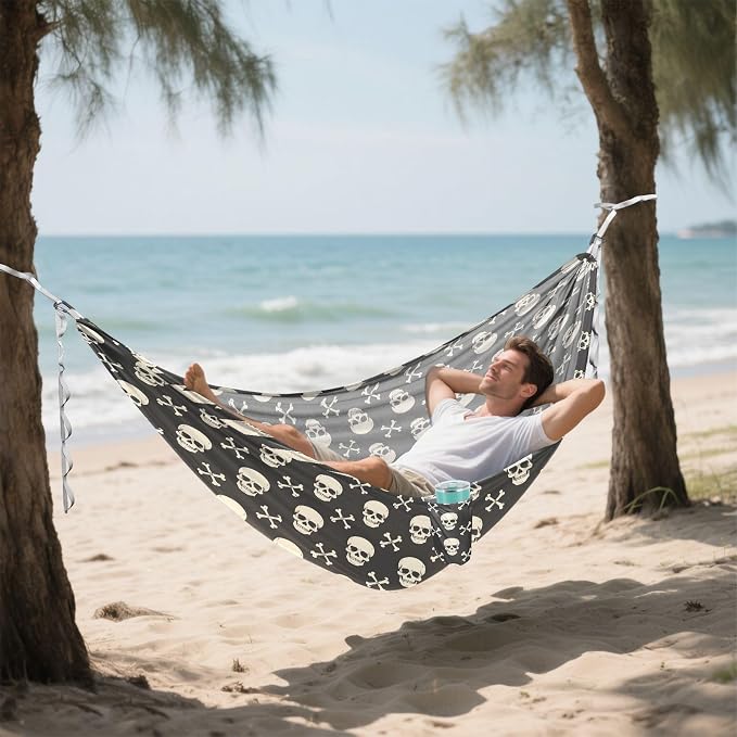 Camping Hammock Outdoor Hammocks for Outside Skull Crossbones Beach Trees Portable Lightweight with Pockets Tree Straps Indoor