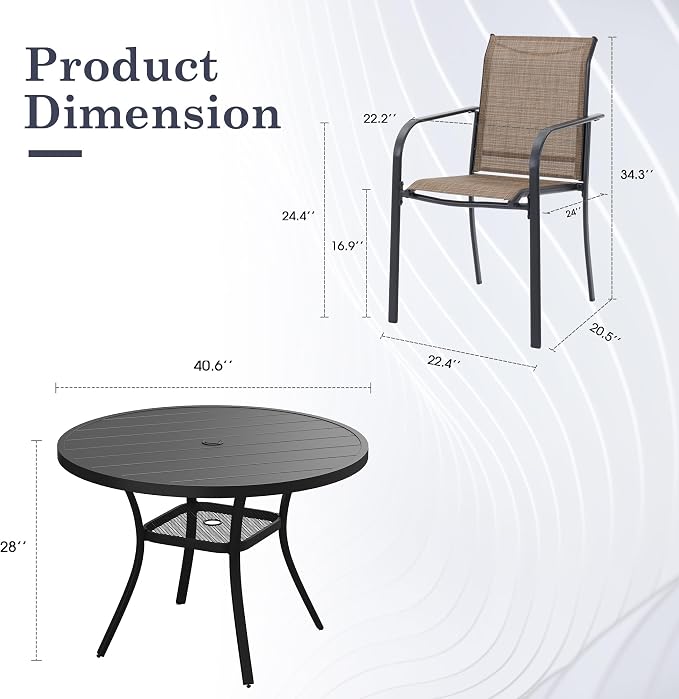 5 Pieces Outdoor Dining Set, Stackable Textilene Paito Chairs & 40.6" Round Dining Table with Umbrella Hole and Shelf, Patio Dining Set for Backyard, Deck, Garden, Brown & Black