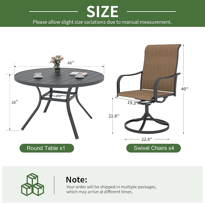 Anmutig 5 Pieces Outdoor Patio Dining Set, 4 Swivel Textilene Dining Chairs & 1 Round Outdoor Dining Table with 1.6"/1.9" Umbrella Hole for Backyard Bistro Outdoor Furniture Brown