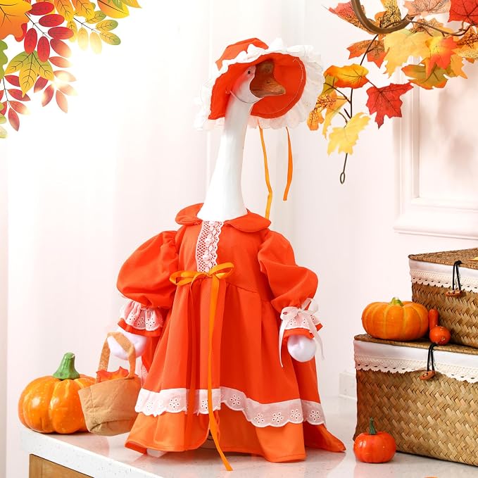 Soulchen Fall Porch Goose Outfit Set 23" Cute Lolita Goose Clothes Dress and Hat Costume Set for Fall Patio Yard Lawn Statue Decor