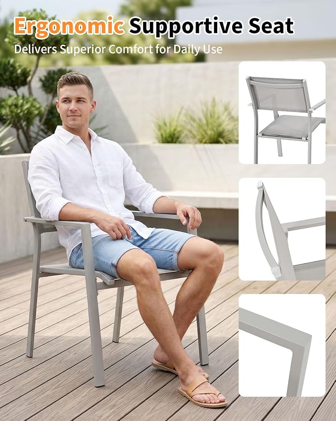 9 Pieces Extendable Outdoor Dining Table Set, Aluminum Patio Dining Set with Swivel Chairs, Expandable Outdoor Dining Table and 6 Stackable Textilene Dining Chairs for Deck, Balcony, Yard
