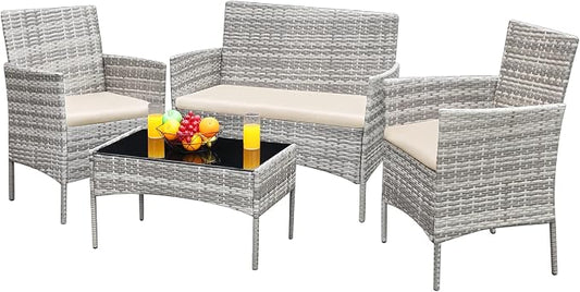 Greesum Patio Furniture 4 Pieces Conversation Sets Outdoor Wickerr Rattan Chairs Garden Backyard Balcony Porch Poolside loveseat with Soft Cushion and Glass Table, Gray and Beige
