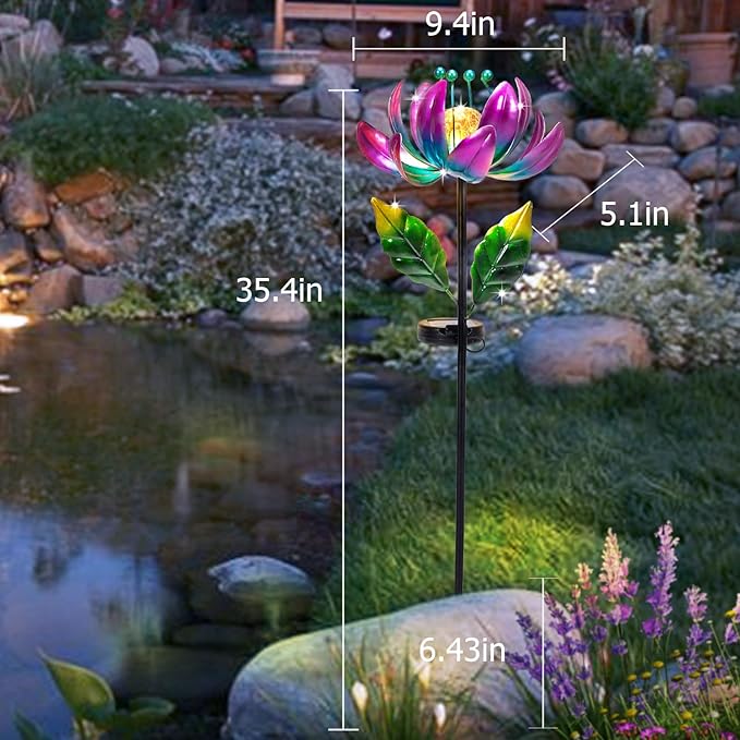 AIINY Solar Purple Metal Flower Wind Spinners, Colorful Spinning Windmill Lotus Yard Art Lights Wind Pinwheels with LED Crystal Ball Decorative Stake Lighting Flower Sculpture