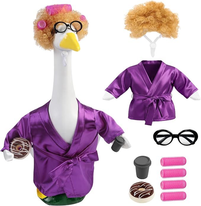 Porch Goose Robe Outfit Set for 23 Inch Goose Statue, Purple Silk Bathrobe with Wig Curlers Coffee Cup Donut Glasses, Elegant Funny Goose Clothes Decor (Purple Silk)