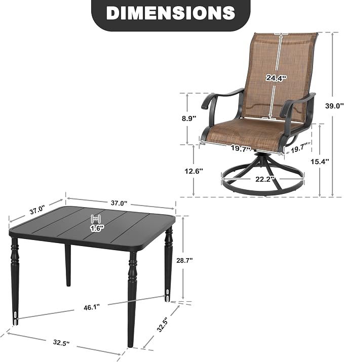 NUU GARDEN 5-Piece Outdoor Dining Set with 37 Inch Metal Table with Umbrella Hole and 4 Patio Swivel Rocking Textilene Chairs All-Weather Furniture for Porch Backyard Garden Poolside Deck Black Brown