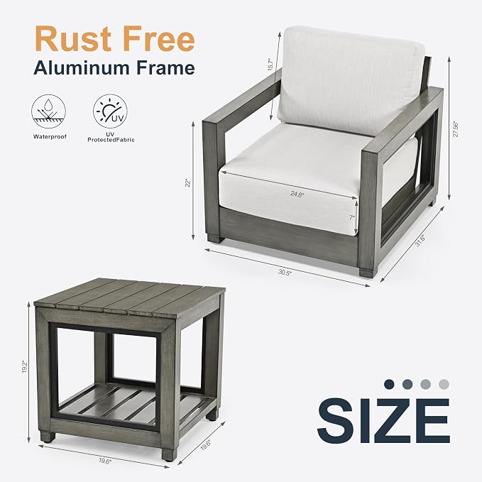 HAPPATIO Extra Large Size Patio Bistro Set, Aluminum Modern Patio Furniture Set Outdoor 3 Pieces with Side Table, 7" Thick Water-Repellent Cushion for Outdoor, Backyard, Poolside, Grey