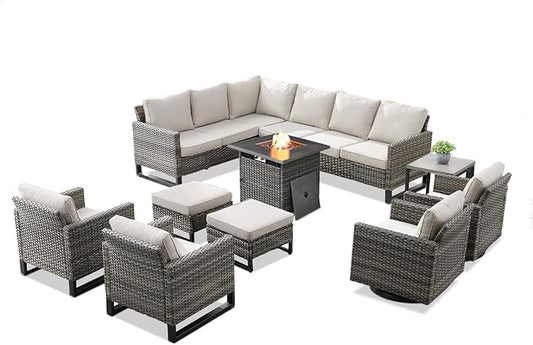 Patio Sectional Furniture Set with Fire Pit Table: 10 Pieces Wicker Patio Conversation Set with L Shaped Sofa, Outdoor Swivel Glider Rocker, Rattan Club Chairs, Ottomans, Removable Cushions Beige