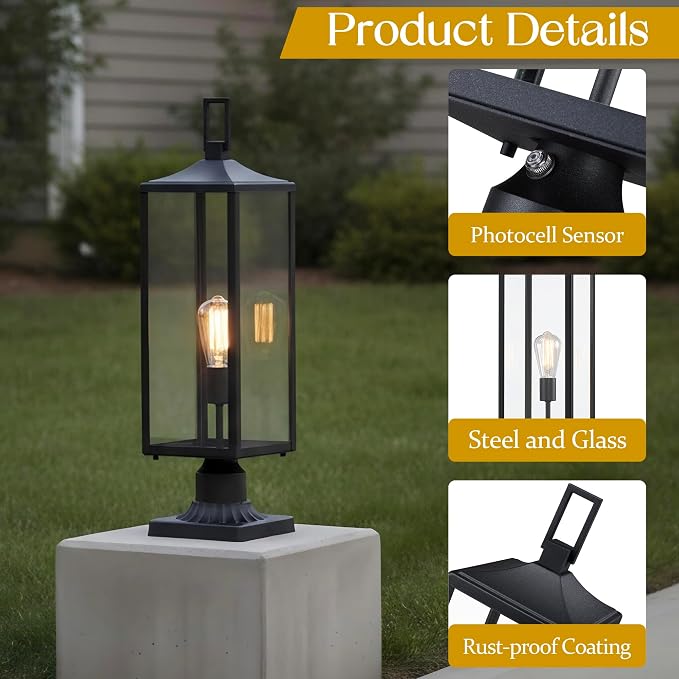 25.6 Inch Photocell Outdoor Lamp Post Light with Dusk To Dawn Sensor-Large Post Lamp For Yard Residential Sidewalk 25.6in Large lamppost Dusk To Dawn Pole Lantern For House Outdoor Column Light, E26