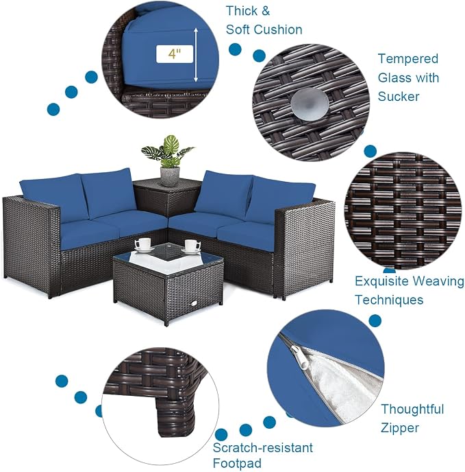 COSTWAY 5 Piece Patio Furniture Set with 30'' Fire Pit Table, Outdoor Wicker Rattan Loveseat Sofa with 4'' Thickened Cushions, 2 Side Tables, Sectional Conversation Set for Backyard (Navy)