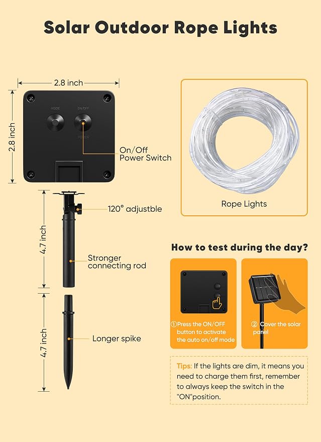 Brightown 39FT 100LED Solar Rope Lights Outdoor Waterproof, Warm White | IP65 Solar Powered Fairy Lights with 8 Lighting Modes, Outdoor String Lights for Party Garden Yard Holiday Tree Decoration