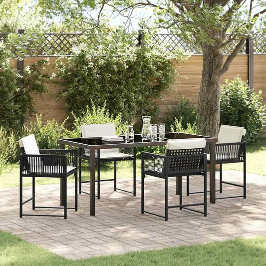 5 Piece Garden Dining Set, Black Poly Rattan Patio Furniture with Glass Table and 4 Chairs for Backyard, Balcony and Outdoor Space