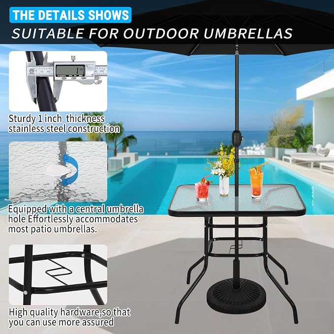 Outdoor Patio Table with Umbrella Hole, 32 Inches Tempered Glass Top Square Patio Table,Conversation Coffee Table Metal Steel Frame All-Weather Furniture for Balcony, Backyard and Poolside