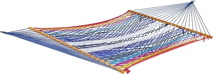 Bliss Hammocks 2-Person Hammock, Weekender 80" x 55" Double Seater Hammock w/Woven Polyester Rope & Wood Spreader Bar - 450 Pound Capacity, Multicolor