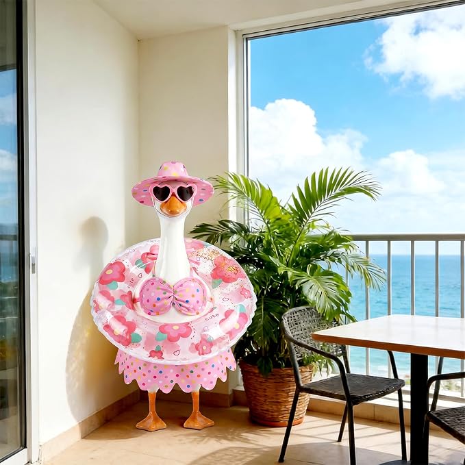 hoyuwak Bikini Goose Outfits Summer Hawaiian Porch Goose Outfits with Swimming Ring Sunglasses Hat for 23" Geese Yard Decor