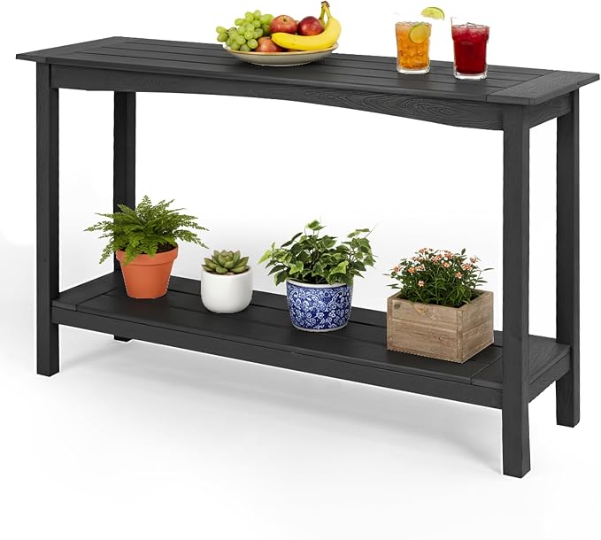 Outdoor Console Table, All-Weather 2-Tier Patio Console Table, Outside Plant Stand Table, Low Maintenance, Never Rot or Fade, HIPS Table for Indoor, Backyard, Garden, Entryway, Black