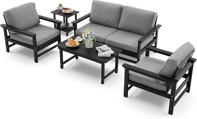 HDPE Outdoor Patio Furniture Set, 6-Piece Sofa Set with Loveseat Couch, 2 Armchairs,Side Table & Coffee Table, Weatherproof Conversation Set with Cushions,for Garden, Porch & Backyard