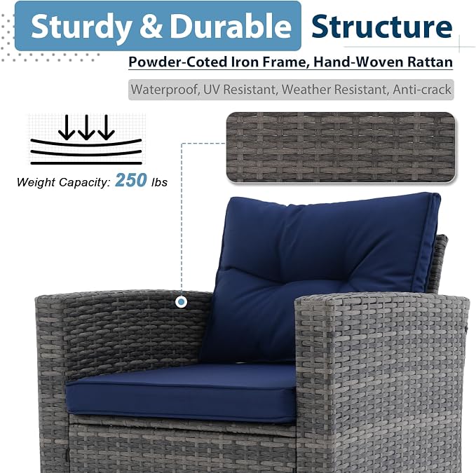 JOIVI 8 Pieces Patio Furniture Set with Storage Box, Rattan Patio Conversation Set, Wicker Couch Sectional Sofa Set with Cushions and Coffee Table for Outside Porch, Deck, Navy Blue