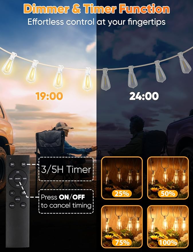 Outdoor String Lights with Remote, 200FT LED Patio Lights with 62 ST38 LED Filament Bulbs, 3 Lighting Modes, 3H/5H Timer, Waterproof IP65 String Light for Outside, E12 Socket Base, White