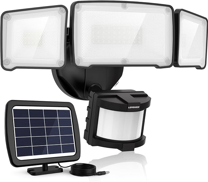 LEPOWER Solar LED Security Lights, PIR Motion Sensor Outdoor, 1600LM, Yard | 5500K Daylight, 72FT180° Motion Sensor Flood Light, 3 Adjustable Head, Easy Install, IP65 Waterproof for Porch, Patio, Garage