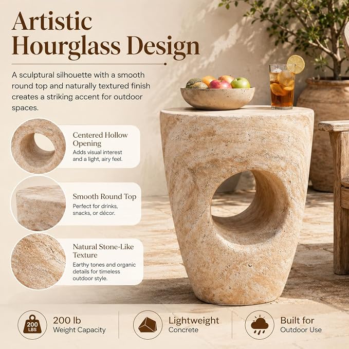Outdoor Side Table, Modern Minimalist Coffee Table with Sculptural Hollow Design Accent Table for Indoor/Outdoor (Beige,Natural-22)