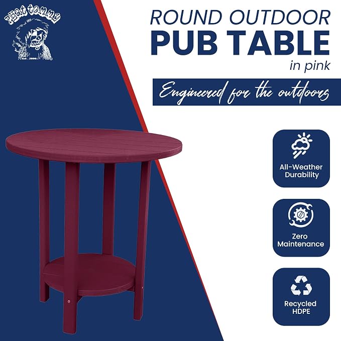 Phat Tommy Round Bar Height Patio Table - Outdoor Bar Table - Balcony Height Patio Furniture for Your Deck - Poly Outdoor Furniture, Dark Red