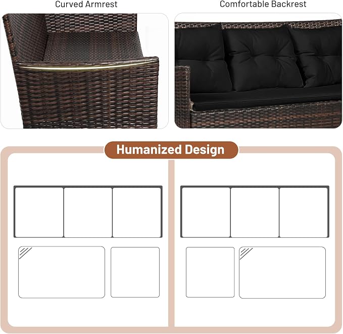 RELAX4LIFE 3 Pieces Patio Furniture Set, Rattan Wicker Sectional Conversation Sofa Set w/5 Seat & Back Cushions, Tempered Glass Coffee Table for Porch Balcony Backyard, Outdoor Furniture (Black)