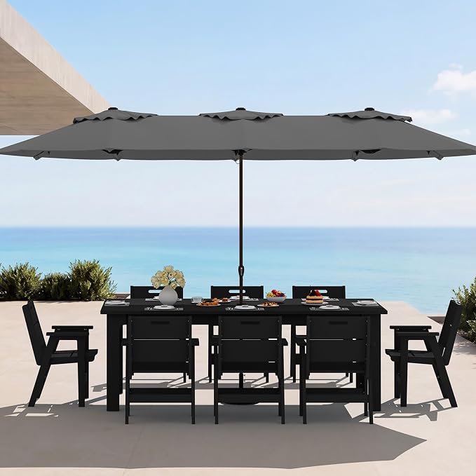 SERWALL 76" Outdoor Dining Set for 8, All Weather Dining Furniture, Black | Include 1 HDPE Dining Table with 8 Chairs & 1 Umbrella (Base Excluded), Heavy Duty Outdoor Furniture for Backyard Garden