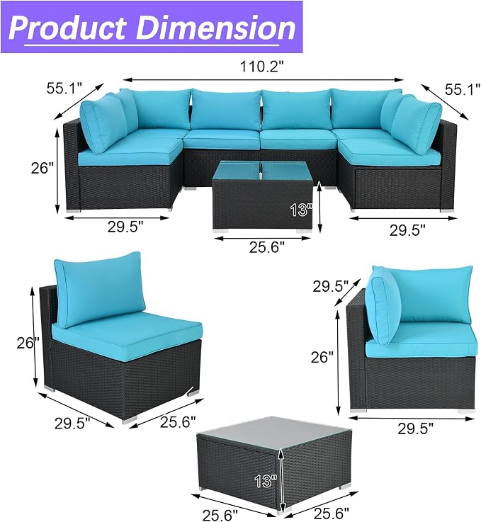 7 Piece Outdoor Sectional Outdoor Patio Furniture Set, Outdoor Patio Furniture Set with Coffee Table, Sectional Couch Sofa with Cushions, Wicker Outdoor Conversation Set for Backyard & Garden, Blue