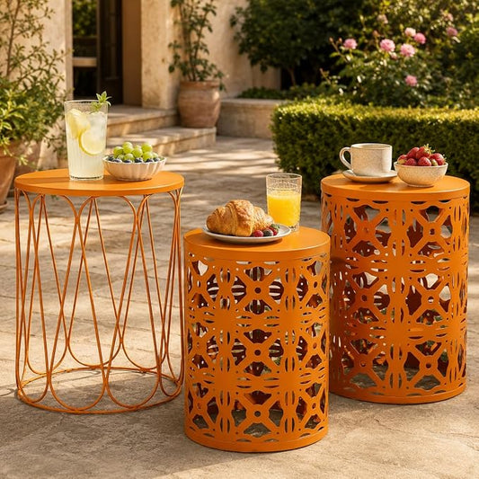 Y&M Patio Side Table,Indoor End Tables for Bedroom, Set of 3 Stacking Coffee Table for Living Room, Outdoor Decorative Garden Stool with Heavy Duty Metal Frame Modern Industrial Decor - Orange