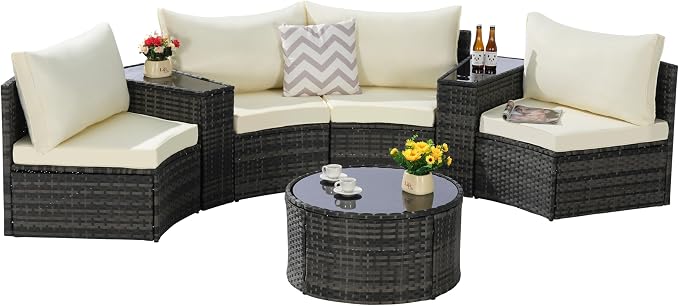 KEIKI 7-Piece Half-Moon Outdoor Patio Furniture Set, Rattan Patio Conversation Set with Coffee Table & 2 Sofa Side Table & 4 Curved Armless Sofa, Wicker Curved Sectional Sofa Set, for Backyard, Beige