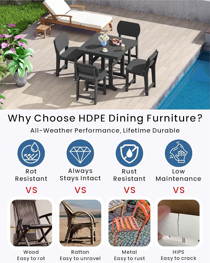 5-Piece HDPE Outdoor Dining Set, Weatherproof Patio Table and Chairs Set for 4, Includes 1 Square Table and 6 Armless Chairs, with Umbrella Hole (Black)