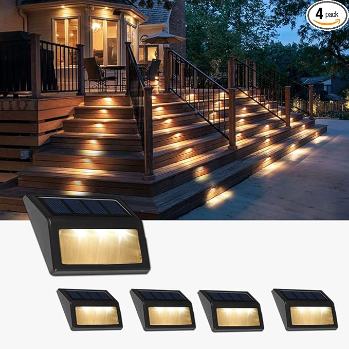 Solar Lights Outdoor, Waterproof Solar Powered Deck Step Lights for Patio Garden Backyard Garage Driveway Pathway Outside Wall Lighting (Warm White, 4 Pack)