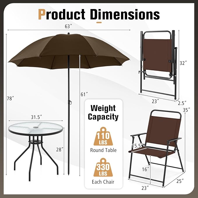 Tangkula 6 Pieces Folding Patio Dining Set, 4 Chairs and 31.5 inches Round Table, Patio Umbrella Included, for Indoor Outdoor Poolside or Balcony (Brown)