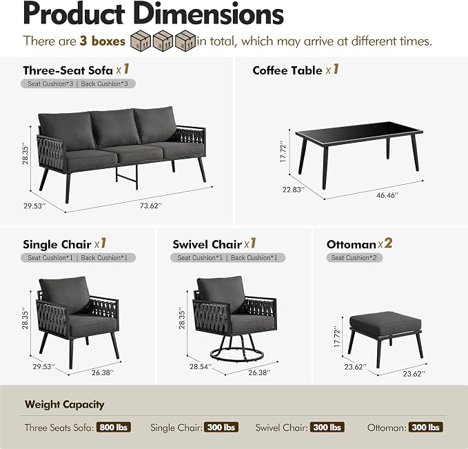 Outdoor Patio Furniture Set, 6-Piece Metal Conversation Furniture Sofa with Coffee Table, All Weather Patio Couch Sofa with Thick Cushions for Balcony Backyard,Black