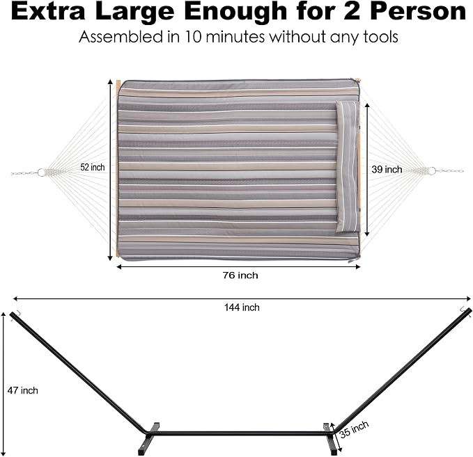 GAFETE 2 Person Hammock with Stand for Outside, 52inch Double Cotton Rope Hammock with Polyester Pad, Heavy Duty Steel Stand, Large Removable Pillow, Storage Bags, Max 475 lbs Capacity (Dove with Pad)