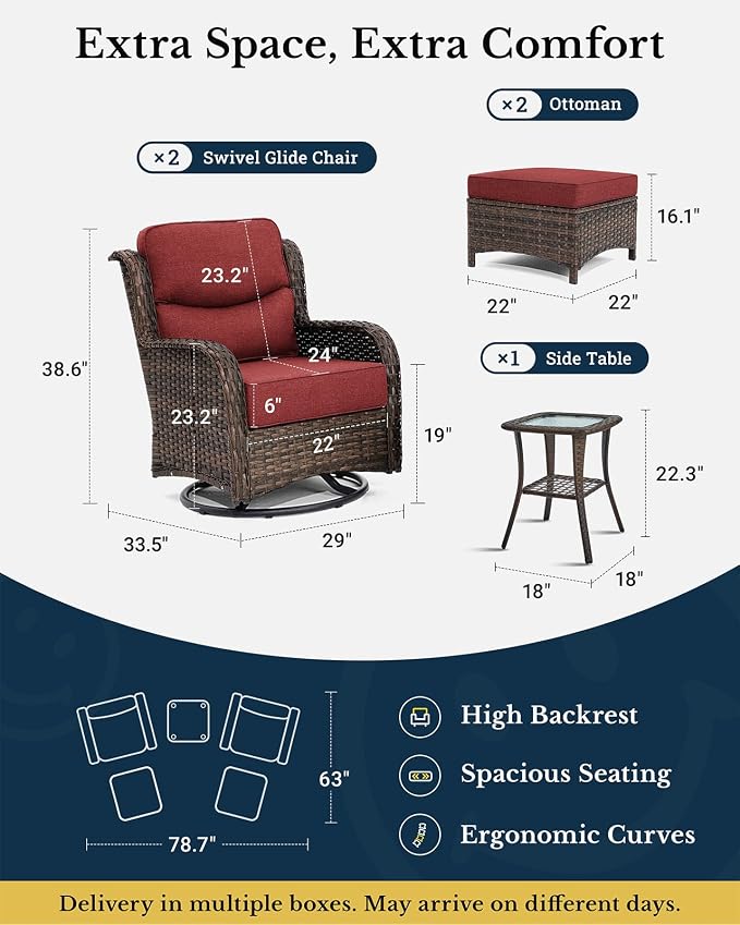 HILLGA 5-Piece Luxury Patio Furniture Set with 6" Thick Cushions, Weather-Resistant Wicker High Back Swivel Rocker Chairs, Senior-Friendly Conversation Set for Small Porch and Deck, Burgundy(V2)