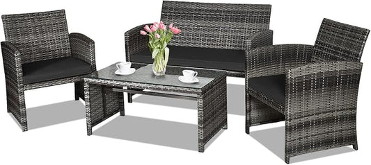 Goplus 4-Piece Rattan Patio Furniture Set, Outdoor Wicker Conversation Sofa with Weather Resistant Cushions and Tempered Glass Tabletop for Lawn Backyard Pool Garden (Black)