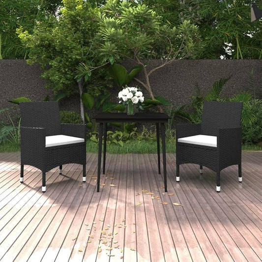 3 Piece Patio Dining Set, Outdoor Bistro Furniture with PE Rattan Chairs and Glass Table, Weather-Resistant Garden Table and Chair Set for Backyard, Porch, Balcony, Black
