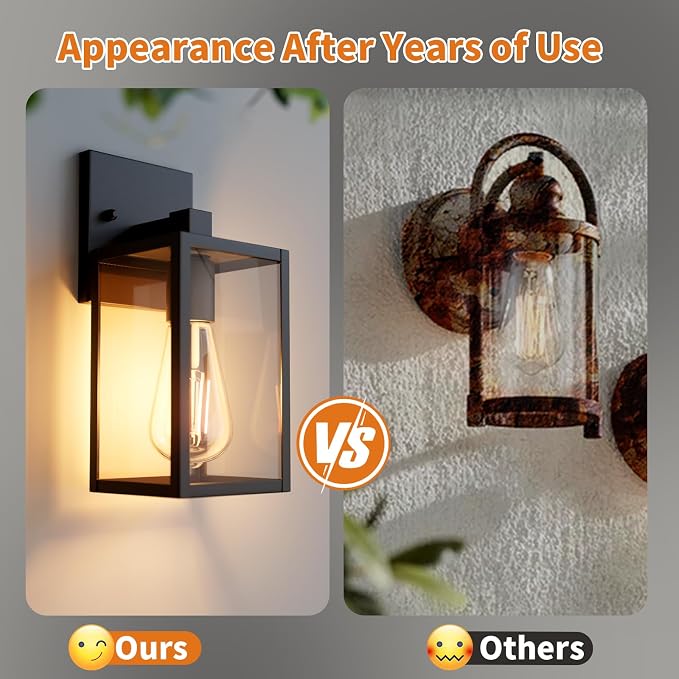 Outdoor Light Fixtures Wall Mount, Waterproof Front Porch Lights, Modern Exterior Lighting Fixtures with E26 Socket, Black Wall Sconces Lantern Lamp, Outside Lights for House, Garage, Patio (2 Pack）
