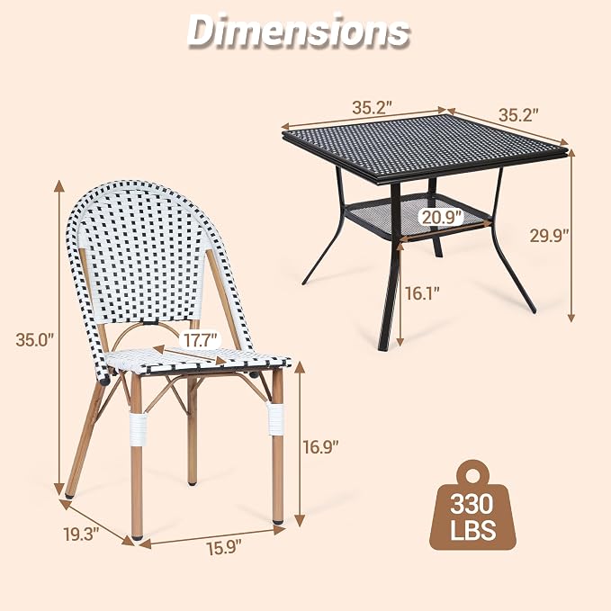 3-Piece Patio Dining Set, Outdoor French Country Bistro Table and Chairs, All-Weather Wicker Square Table & 2 Chairs w/Metal Frame, for Backyard Balcony, Black/White