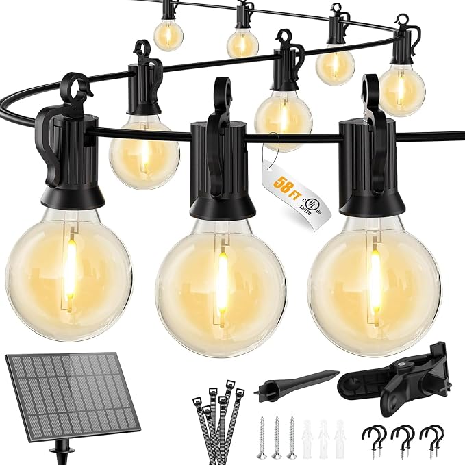 Brightown 58FT 26LED Solar String Lights Outdoor with USB Port | Shatterproof Bulbs, Dimmable & Timable, 3 Modes, Solar Patio Lights with a Mount Clip for Camping Backyard Garden Decor