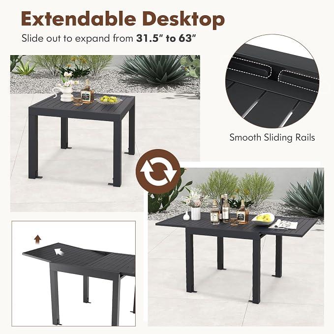 Tangkula 31.5"-63" Extendable Patio Dining Table, Aluminum Outdoor Dining Table for 4-6 People, L-Shaped Brace Included for Fixation, Space-Saving Outside Table for Garden, Porch, Poolside, Dark Grey